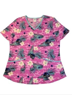Jurassic World Women's "Dino Skin" Pink Floral Scrub Top Universal Studios Med